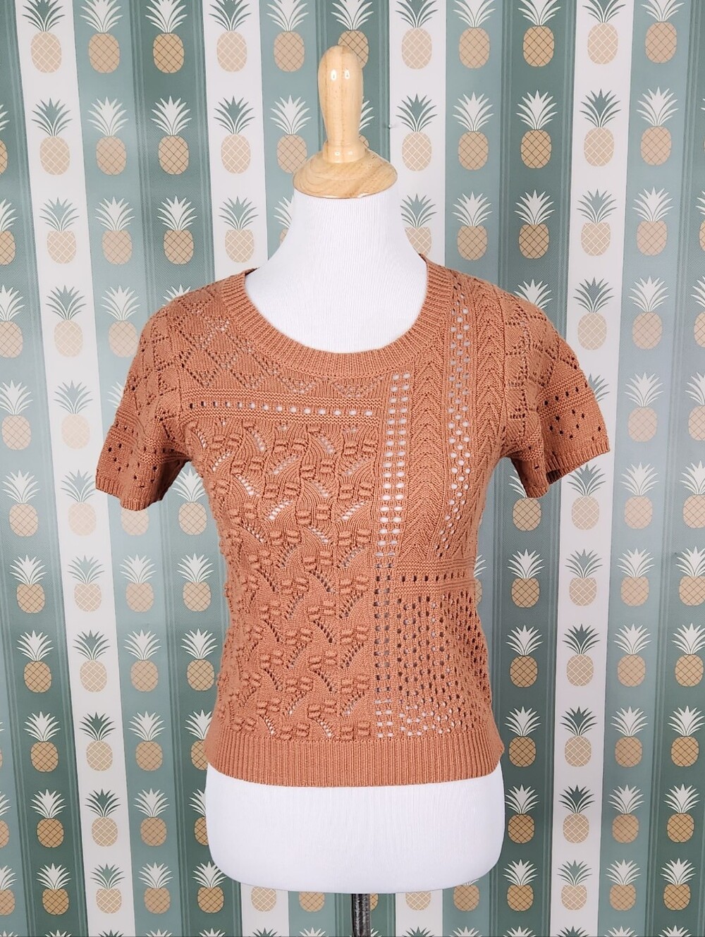 Heartloom Short-Sleeve Openwork Knit Top - Tan